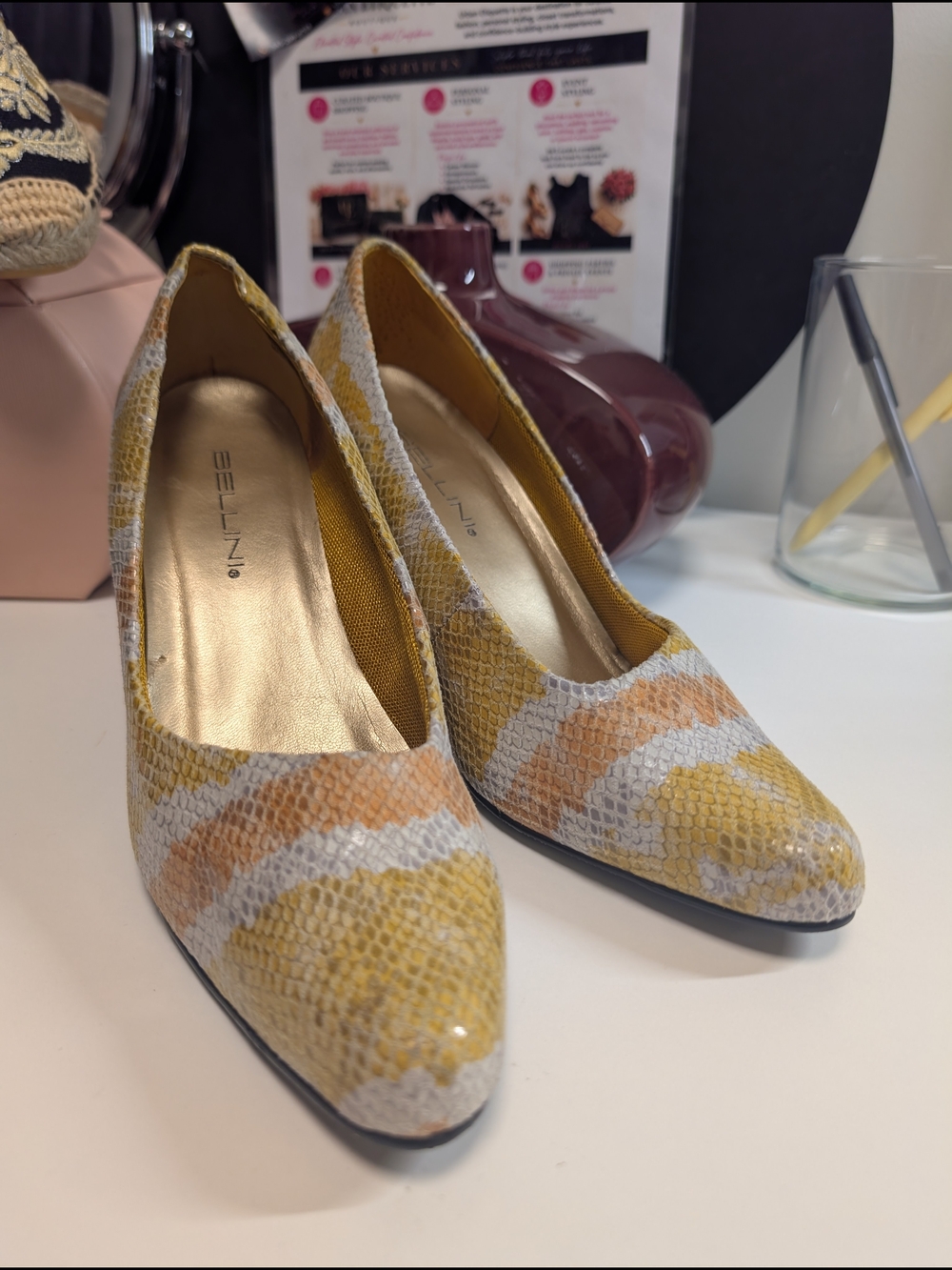 Bellini Yellow Multicolor Snakeskin-Print Women’s Pumps